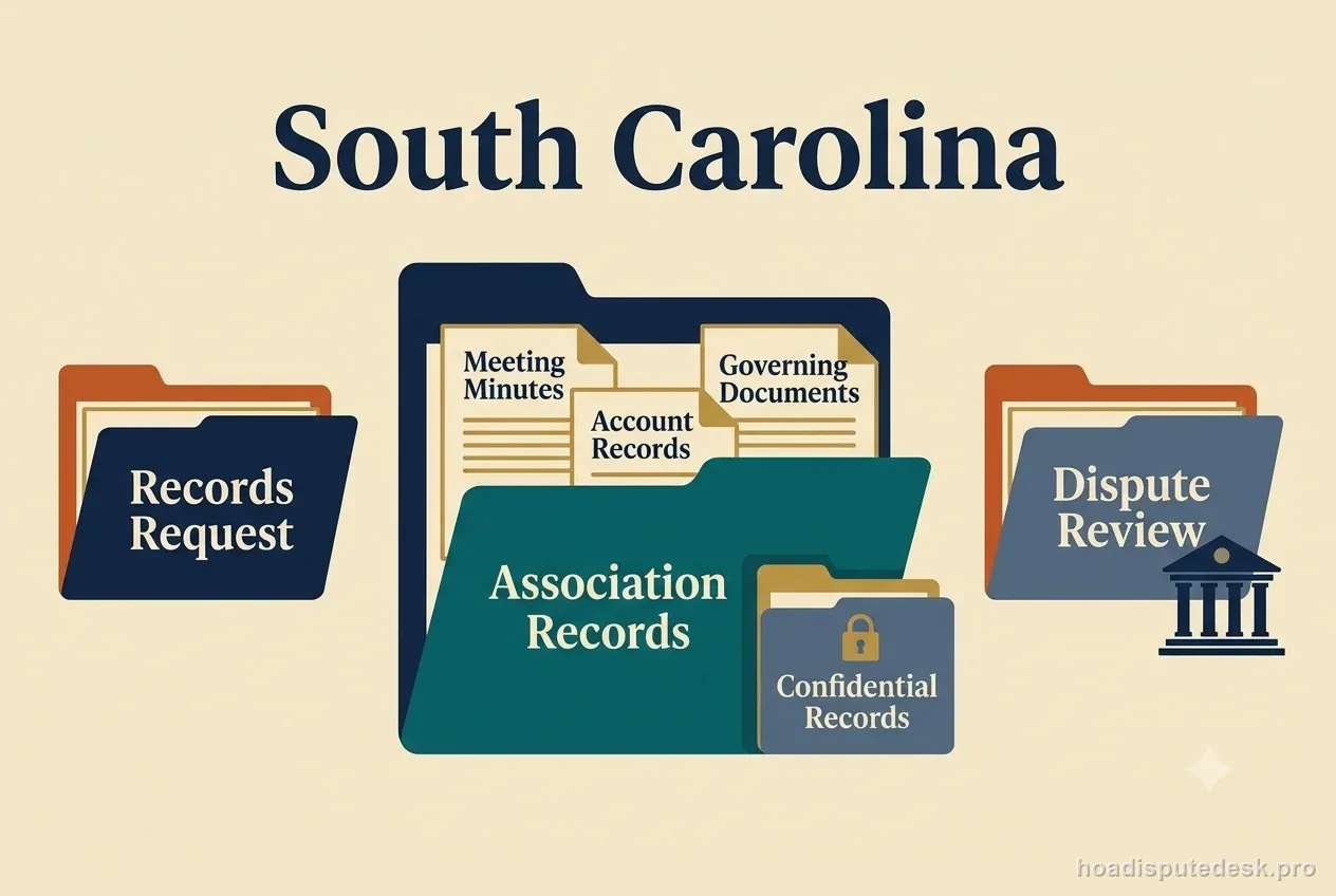South Carolina HOA dispute process diagram showing records, lien, and foreclosure checkpoints